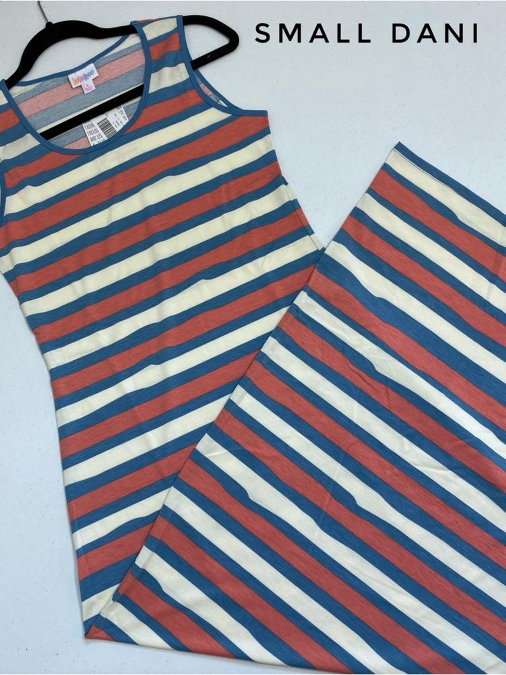 LuLaRoe Maxi Dress in Blue, Coral & Cream Stripes